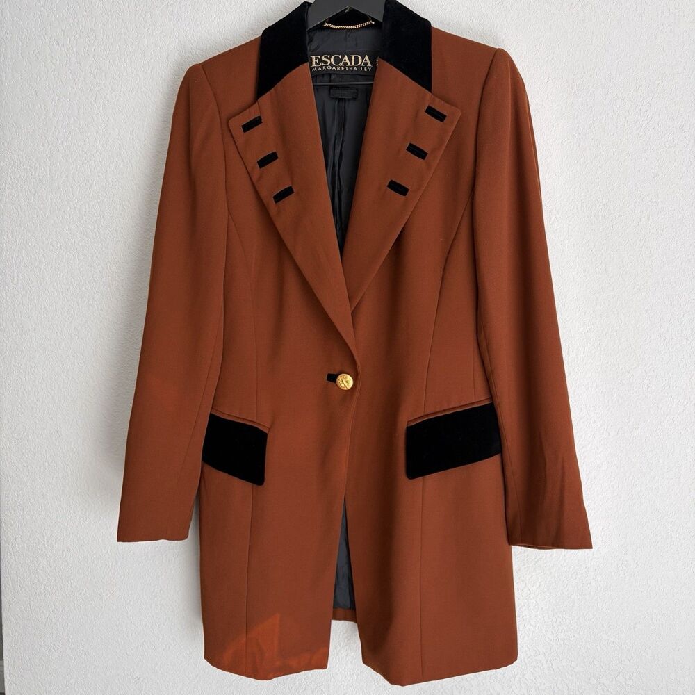 VTG 80s Escada Margaretha Ley Wool Blazer Brown Velvet Trim Tailored Jacket S/M